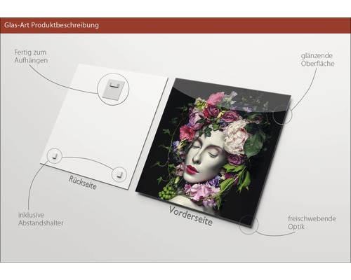 Glazen foto met afbeelding van een vrouw met bloemen, inclusief beugels voor ophanging