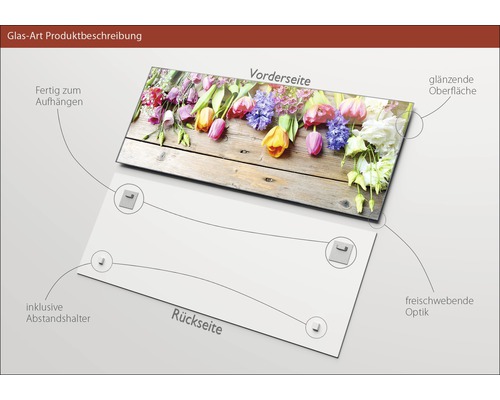 Glazen foto met bloemmotief, inclusief afstandhouder, glanzend oppervlak en ophangsysteem