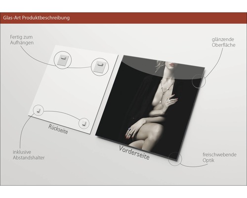 Glazen foto met afbeelding van een vrouw, inclusief afstandhouder en ophangsysteem