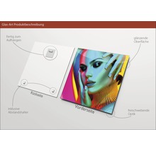 Glasfoto met glanzend oppervlak en zwevende uitstraling, inclusief afstandhouders, klaar om op te hangen. Voor- en achterkant weergegeven.