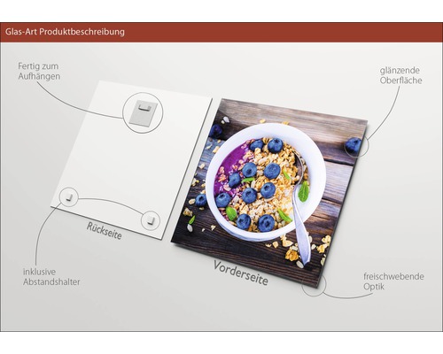 Glasafbeelding met ophangsysteem en afstandhouder, motief mueslikom