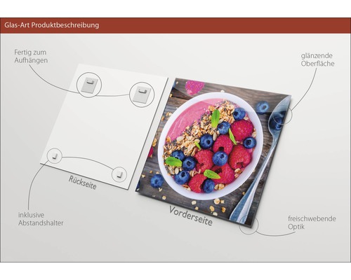Glazen foto met glanzend oppervlak en smoothie-motief, inclusief afstandhouders en hangers.