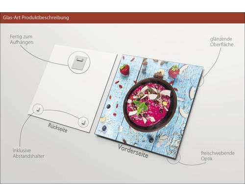 Glazen foto met een afbeelding van een fruitbowl, inclusief afstandhouders om op te hangen
