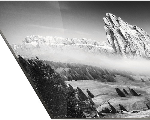 Zwart-wit landschapsfoto op glas