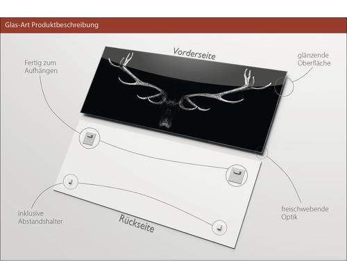 Glazen foto met herten geweien, inclusief afstandhouder en ophangsysteem