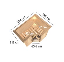 Afmetingen van een hoeksauna met de afmetingen 264 cm, 198 cm, 212 cm en 65,6 cm.