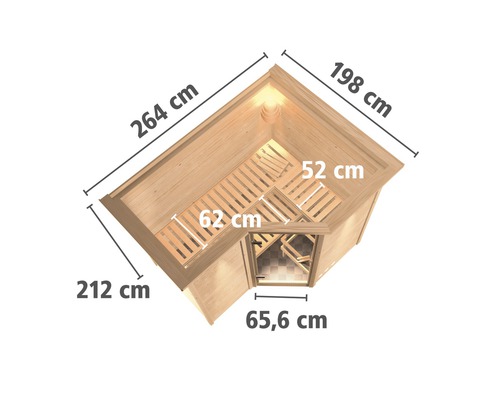 Afmetingen van een hoeksauna met de afmetingen 264 cm, 198 cm, 212 cm en 65,6 cm.