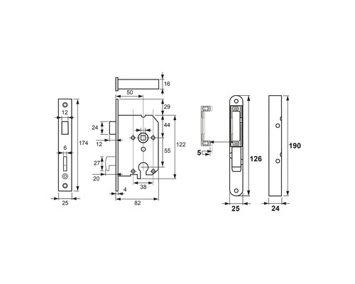 Technische tekening van een insteekslot met maatvoering