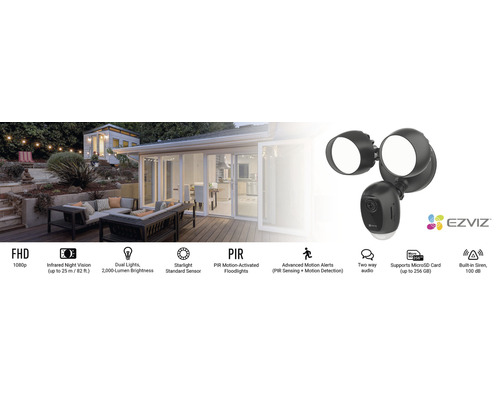 EZVIZ beveiligingscamera met schijnwerpers en functies zoals nachtzicht, bewegingsdetectie en tweeweg audio