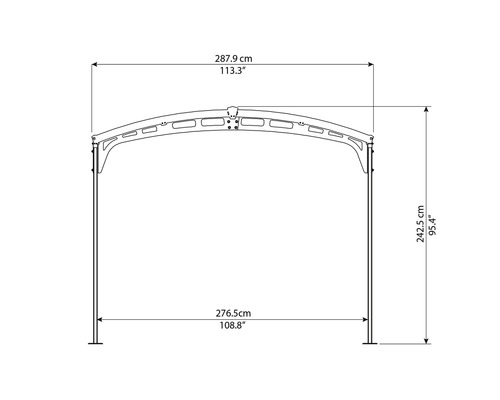 Technische tekening van een paviljoen met afmetingen