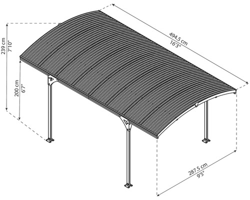 Illustratie van een carport met afmetingen