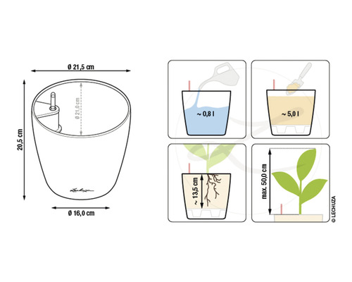 Afbeelding van een plantenbak met afmetingen en instructies voor bewatering en beplanting