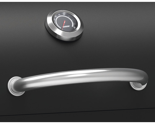 Gedetailleerd beeld van een houtskoolbarbecue met handgreep en temperatuurweergave