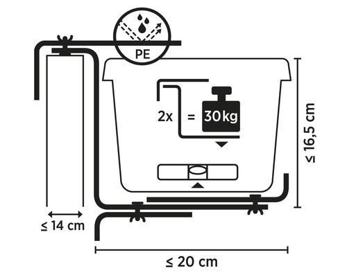 Technische tekening met afmetingen van een bloembakhouder.