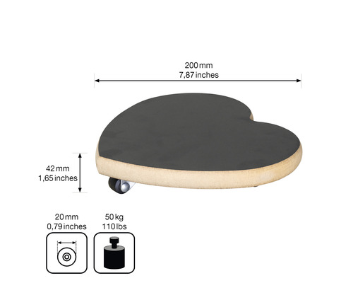Verrijdbare onderzetter in hartvorm met afmetingen 200 mm lengte, 42 mm hoogte en 20 mm wieldiameter, draagvermogen 50 kg