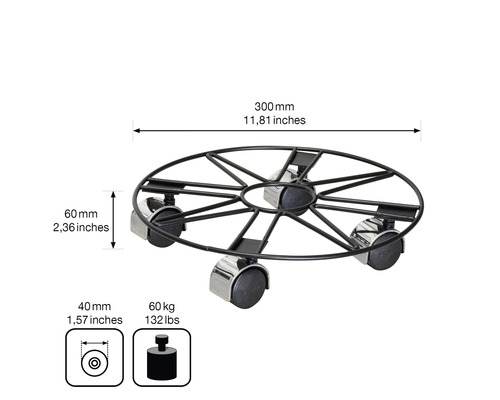 Plantenroller met een diameter van 300 millimeter en een maximaal draagvermogen van 60 kilogram.