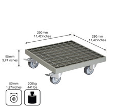Rolplank met afmetingen 290 bij 290 millimeter en een maximaal draagvermogen van 200 kilogram