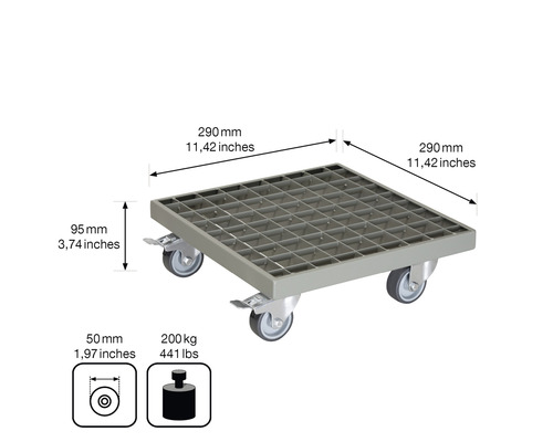 Rolplank met afmetingen 290 bij 290 millimeter en een maximaal draagvermogen van 200 kilogram