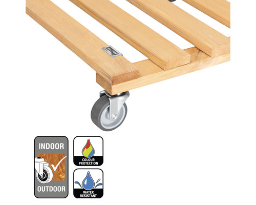 Detail van een houten plantenroller met wielen, geschikt voor binnen en buiten, met kleurbescherming en waterafstotende eigenschappen