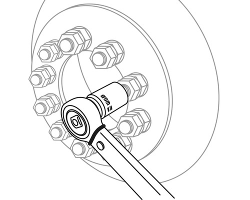 Afbeelding van een moersleutel die wielmoeren aandraait op een wiel