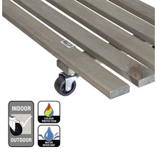 Detailopname van een houten plantenrollerconstructie met wielen en indicaties voor gebruik binnen en buiten, evenals kleur- en waterbescherming.
