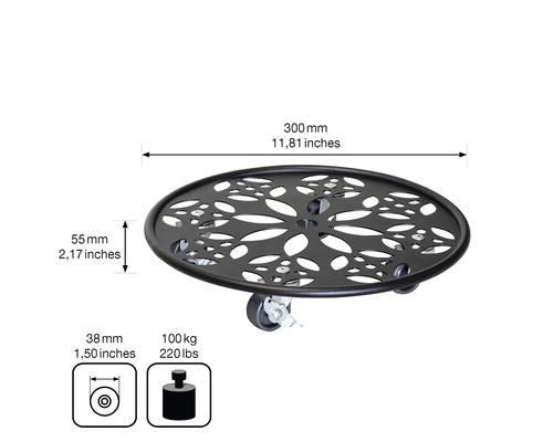 Plantenroller van metaal met bloemmotief en wielen, diameter 300 mm