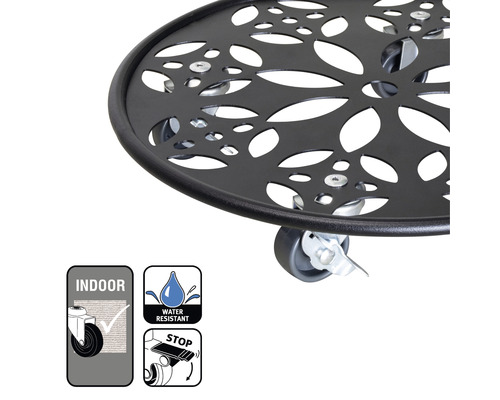 Plantenroller van metaal met wielen en bloemmotief