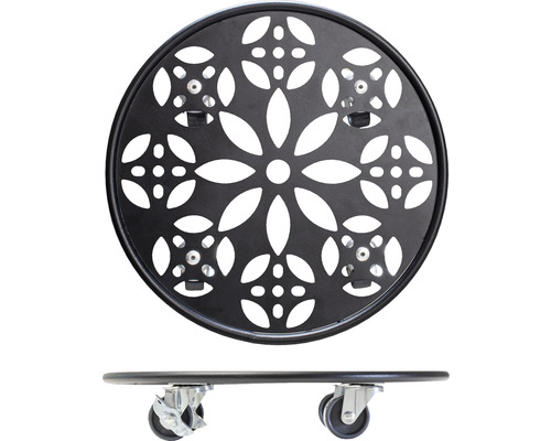 Ronde plantenroller van metaal met wielen en bloemmotief