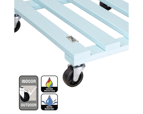 Houten rolplank met de symbolen: Geschikt voor binnen- en buitengebruik, kleur bescherming en waterafstotend.