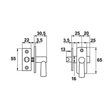Technische tekening van een deurklink met maatvoering