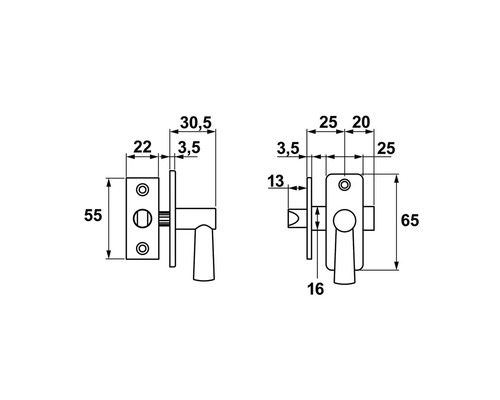Technische tekening van een deurklink met maatvoering