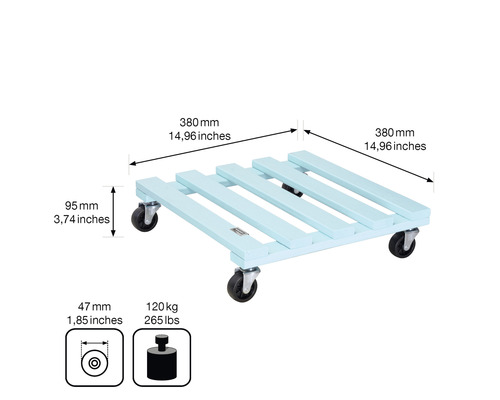 Plantenroller van hout met wielen, afmetingen 380x380 mm, draagvermogen 120 kg