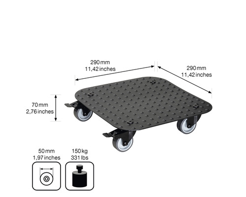 Rolplank met afmetingen van 290 mm x 290 mm en een maximaal draagvermogen van 150 kg