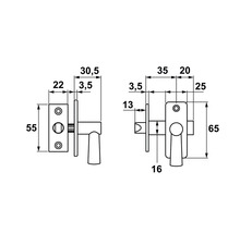 Technische tekening van een deurklink met maatvoering