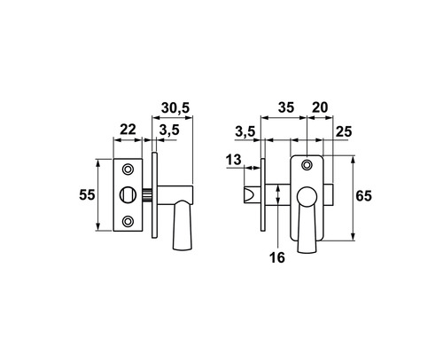 Technische tekening van een deurklink met maatvoering