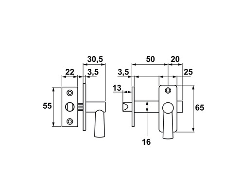 Technische tekening van een deurbeslag met afmetingen.