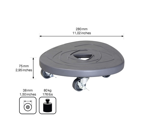 Plantenroller met afmetingen van 280 mm lengte en 75 mm hoogte, belastbaar tot 80 kg.