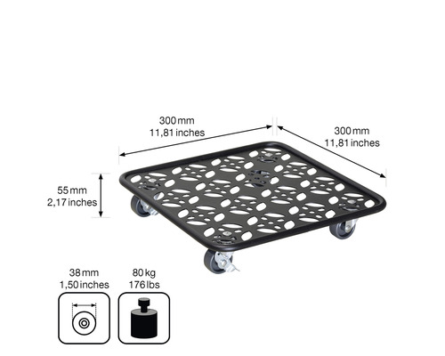 Rolplank met de afmetingen 300 mm x 300 mm en een maximaal draagvermogen van 80 kg