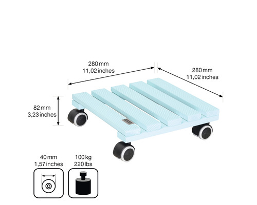 Plantenroller van hout met wielen en maataanduidingen