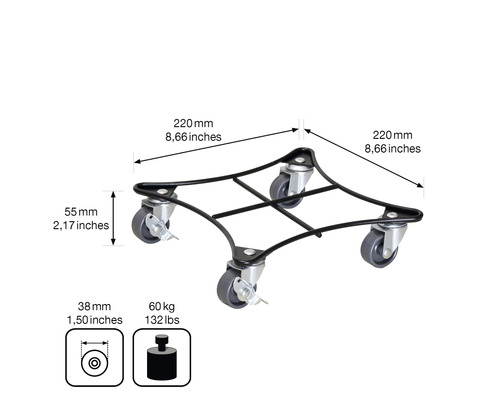 Plantenroller met wielen en maataanduidingen