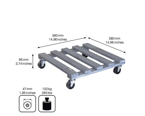 Houten rolplank met wielen, afmeting 380 mm x 380 mm