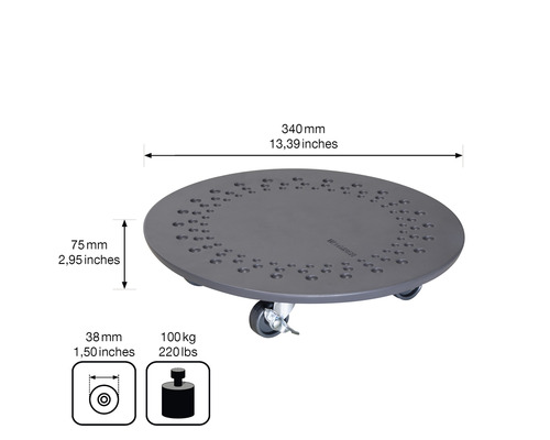 Ronde plantenroller met wielen en technische details.