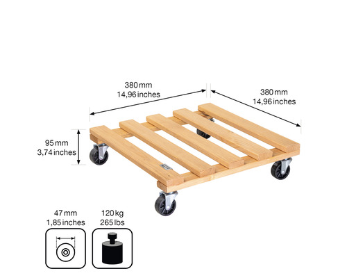 Plantenroller van hout met wielen, draagvermogen 120 kilogram