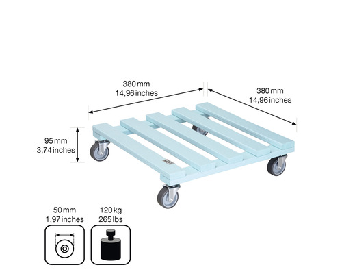 Plantenroller van hout met vier wielen en maataanduidingen