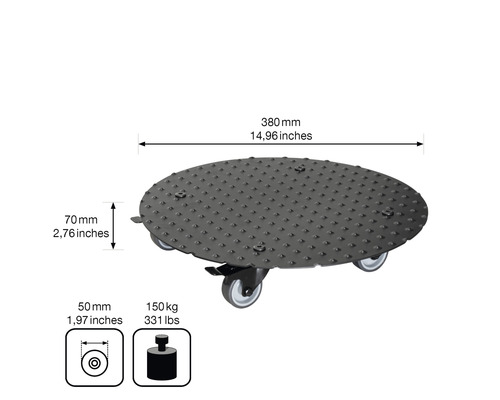 Rolbord met een diameter van 380 millimeter en een maximaal draagvermogen van 150 kilogram.