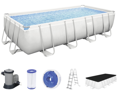 Rechthoekig zwembad met water, filterpomp, filtercartridge, inlaatmondstuk, ladder en afdekking