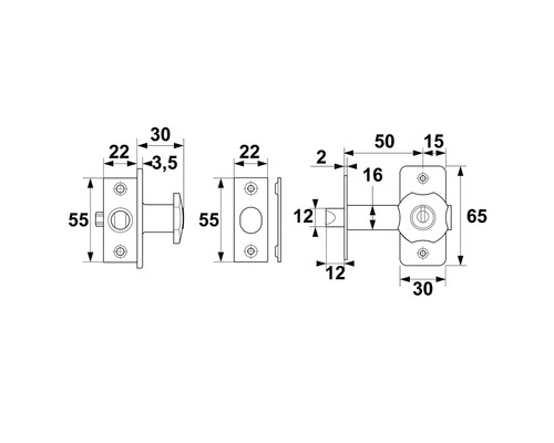 Technische tekening van een deurvergrendeling met afmetingen