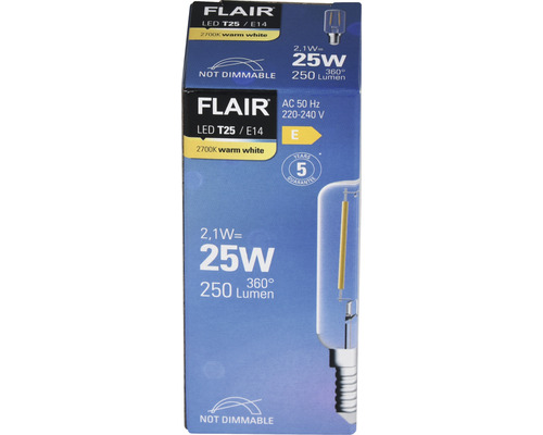 Verpakking van een Flair LED T25/E14 lamp, niet dimbaar