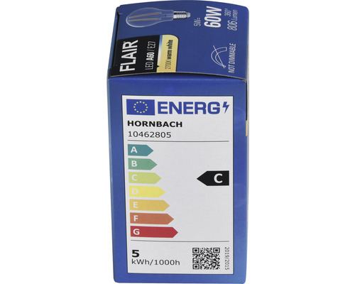 Verpakking van een Flair LED lamp A60 E27 met 5 watt, 60 watt equivalent, 2700 kelvin warm wit en energie-efficiëntieklasse C