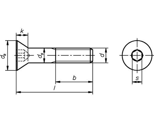 Technische tekening van een verzonken schroef met inbus